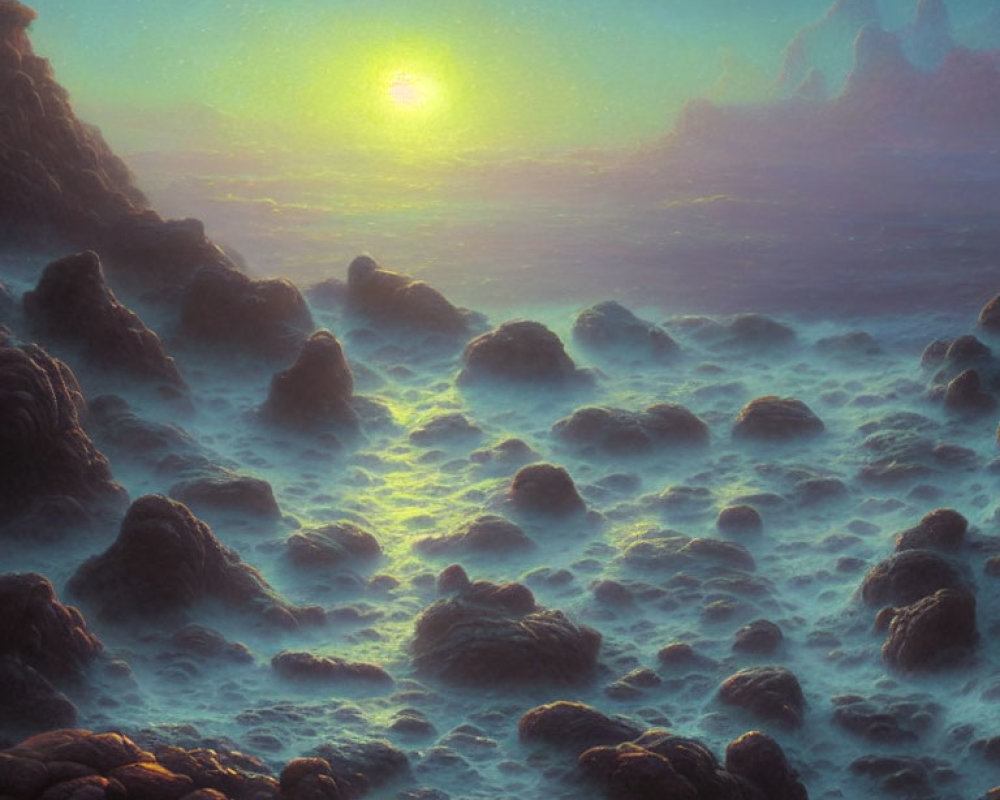 Surreal rocky landscape in mist under greenish sky