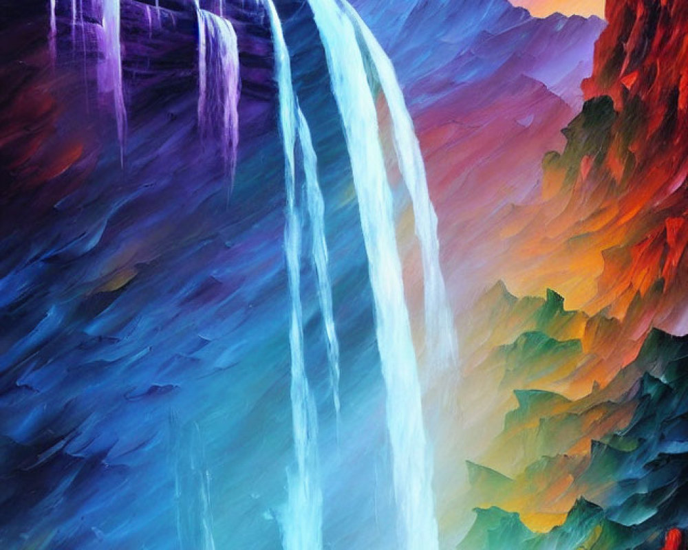 Colorful waterfall painting with rainbow and mountain range