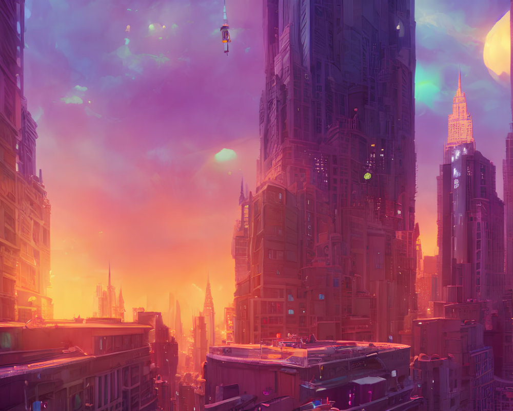 Futuristic cityscape at sunset with skyscrapers and flying vehicles