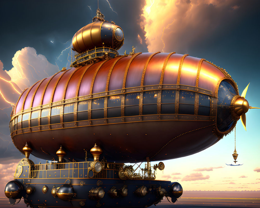 Steampunk airship with copper and brass exterior under stormy sky