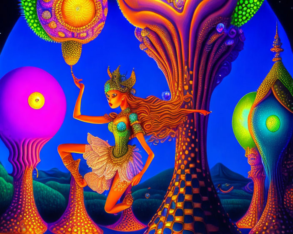 Colorful Psychedelic Illustration: Figure with Horned Headdress Dancing Among Mushroom-like Structures under