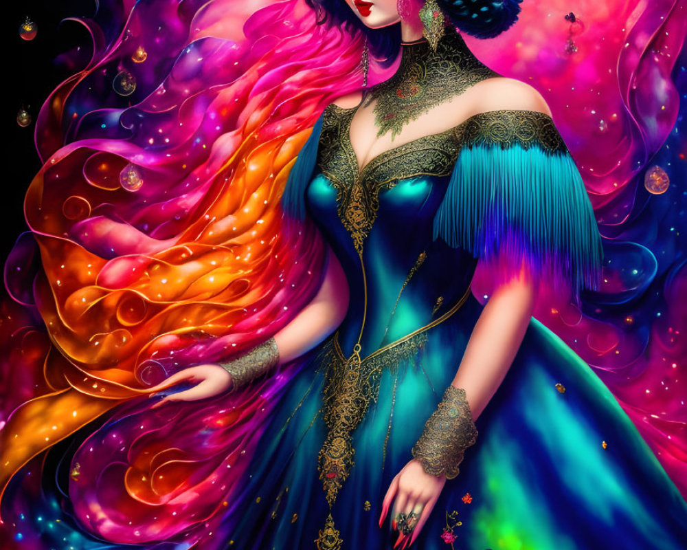 Colorful woman with flowing hair in blue gown and bird illustration