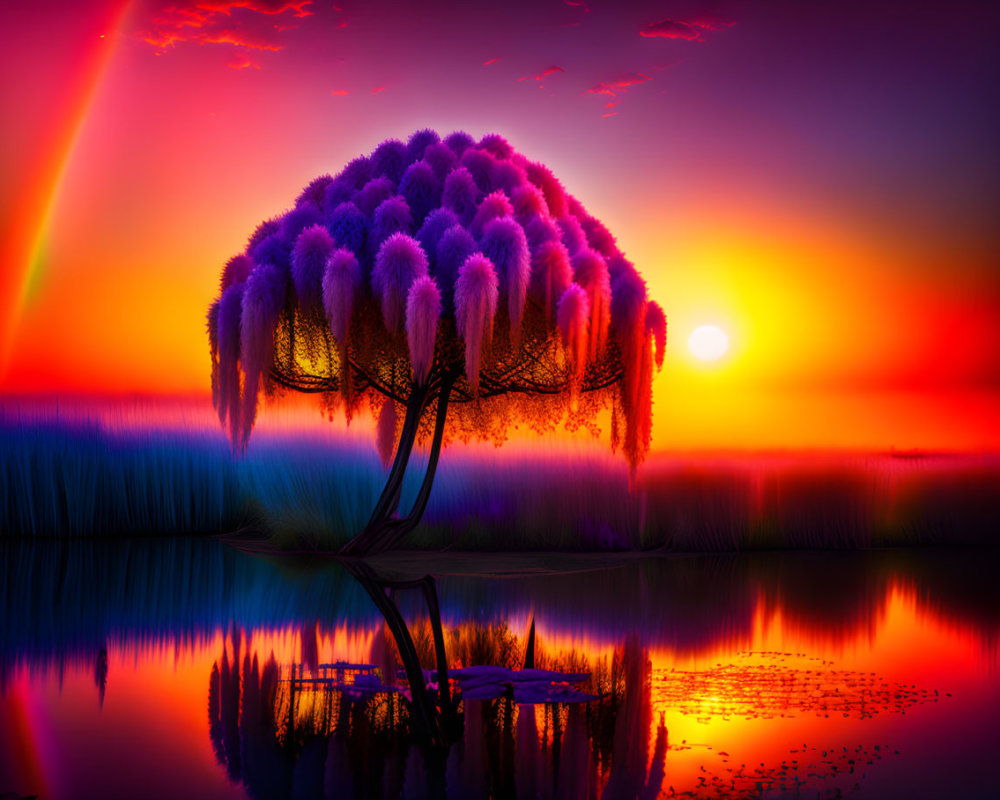 Vibrant surreal landscape with purple tree, water reflection, vivid sunset, and rainbow beam