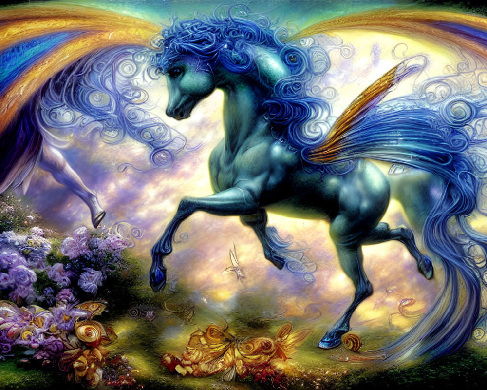 Vibrant blue winged horse in colorful garden scene