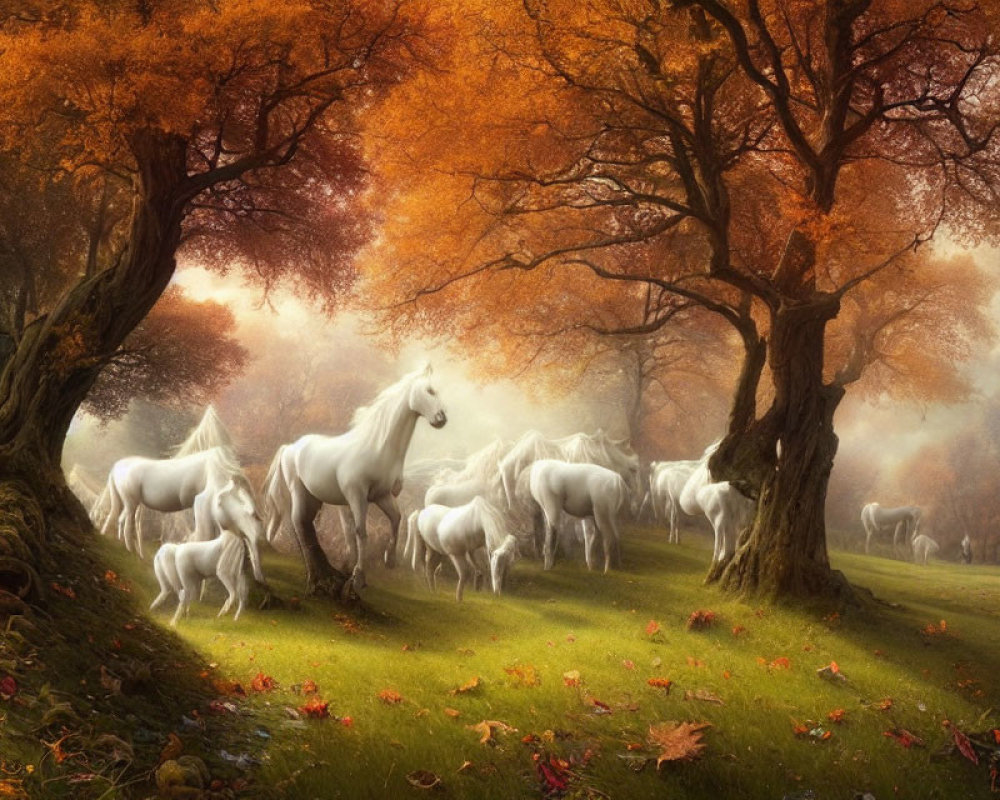 White Horses Galloping in Autumnal Forest with Golden Leaves