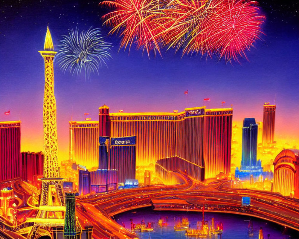 Colorful fireworks illuminate Las Vegas Strip with Eiffel Tower replica at twilight