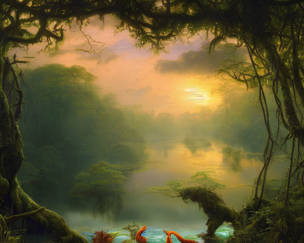 Mystical jungle scene at sunset with calm river, large trees, vines, and red exotic birds