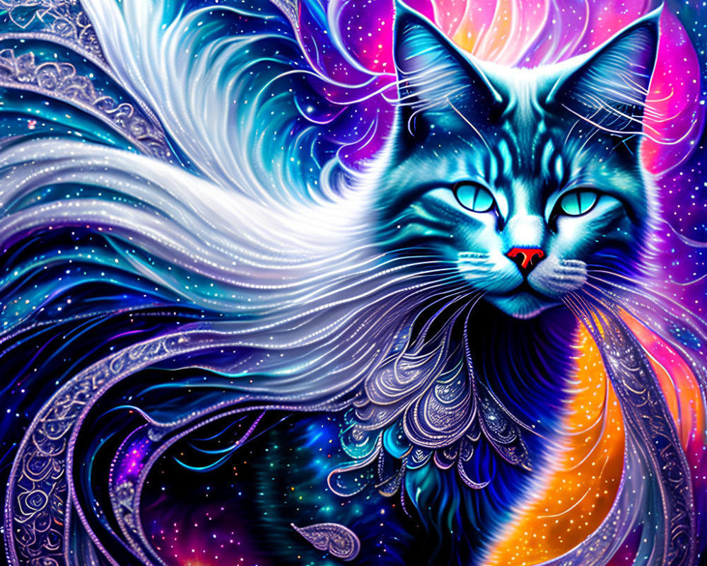 Colorful Illustration: Mystical Cat with Cosmic Background