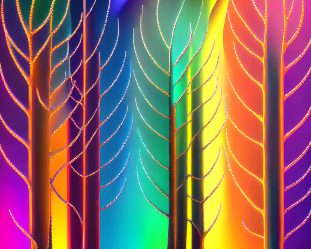 Colorful digital art: stylized trees with glowing veins on neon backdrop