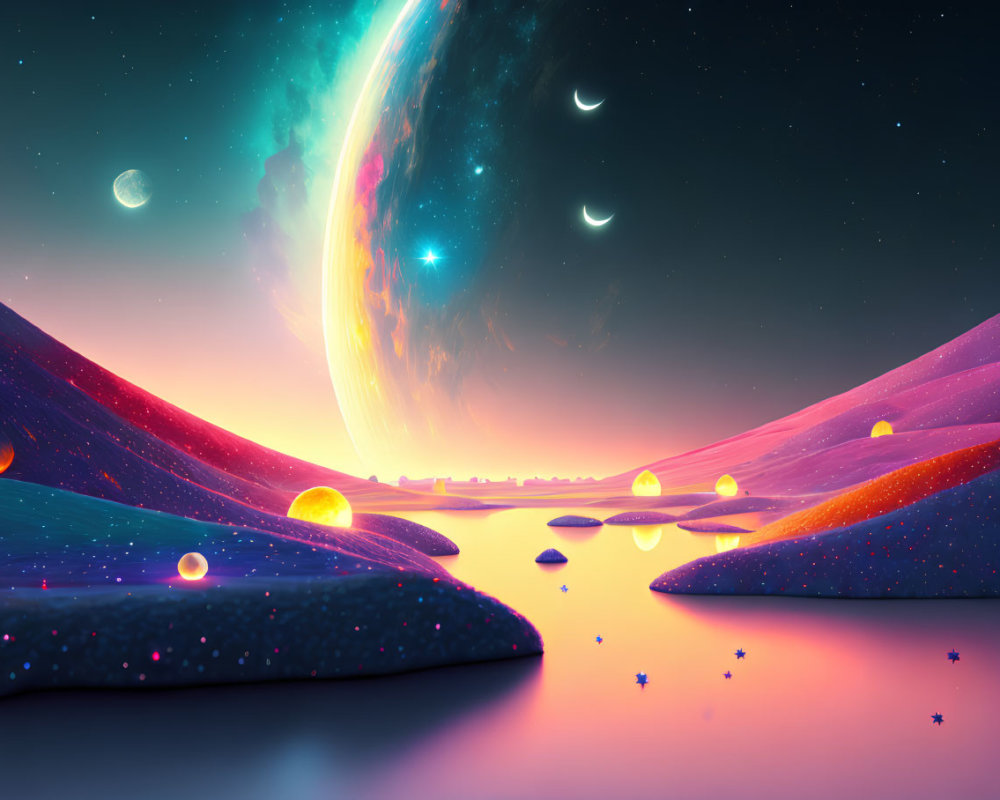 Colorful surreal landscape with glowing orbs, starry sky, celestial body, and moons