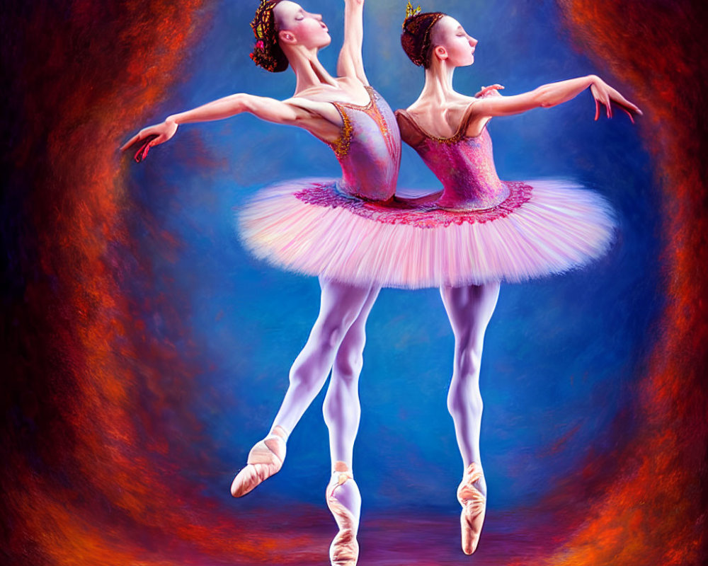 Ballet dancers in traditional tutus against blue and red backdrop