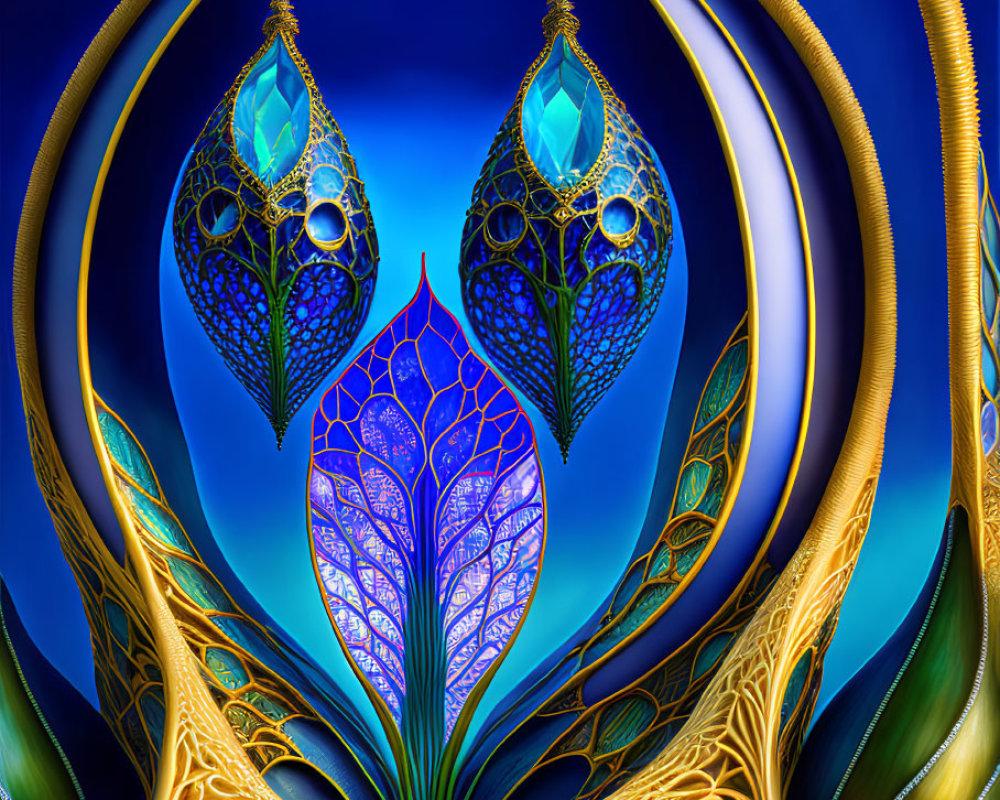 Stylized ornate lanterns and leaves in vibrant blue and gold color scheme