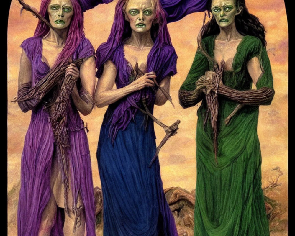 Three green-skinned women in colorful flowing garments holding a thick rope