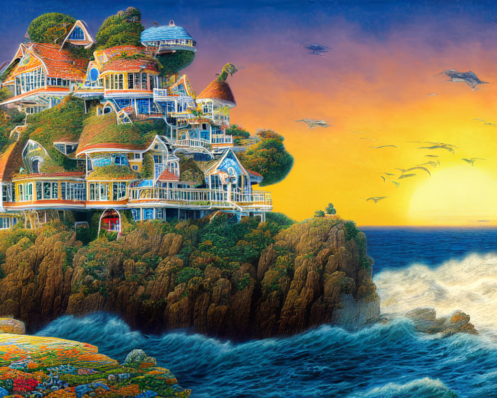 Victorian mansion painting on cliff with crashing waves at sunset