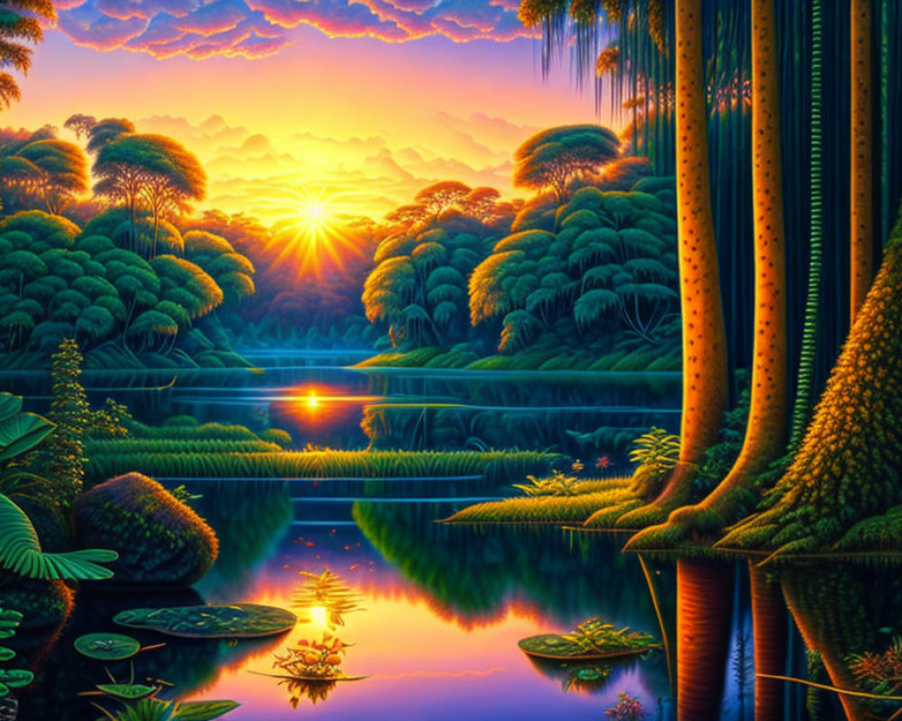 Tranquil forest sunset with lush greenery and reflective water