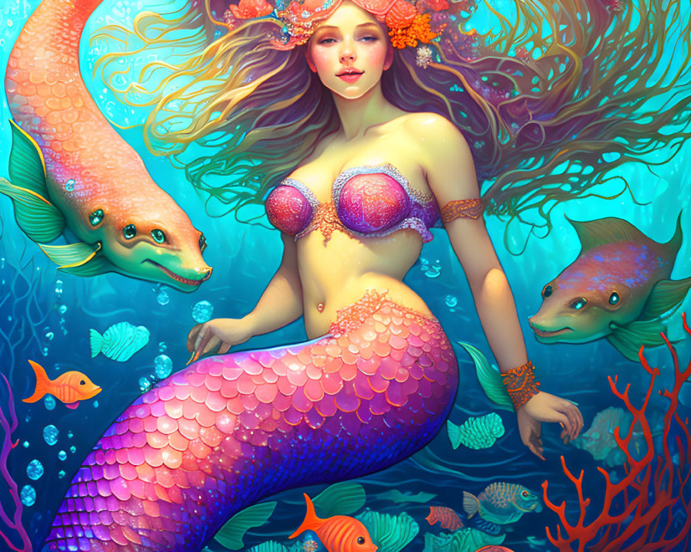 Vibrant mermaid art with purple tail and orange hair underwater