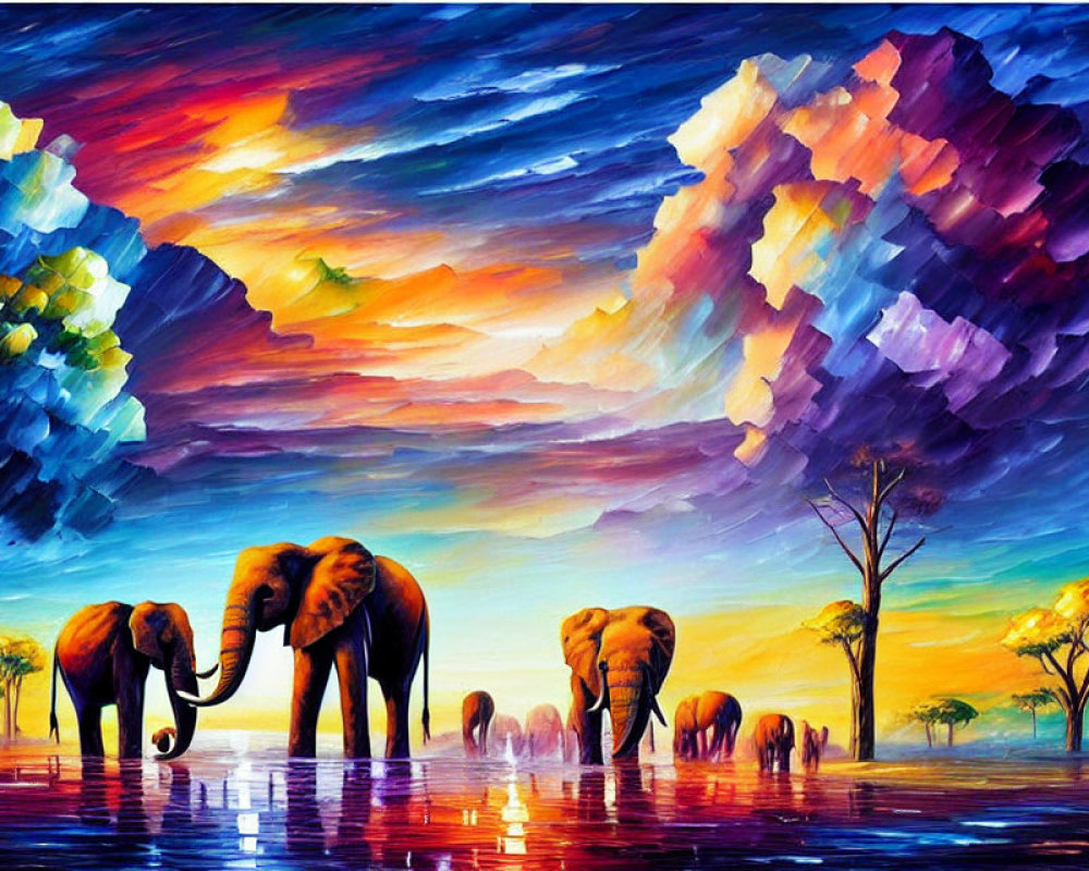 Colorful painting of elephants under stylized sky and setting sun.