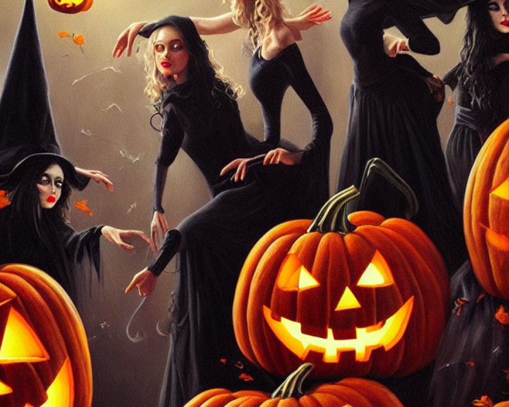 Four witches with pointy hats and pumpkins under crescent moon