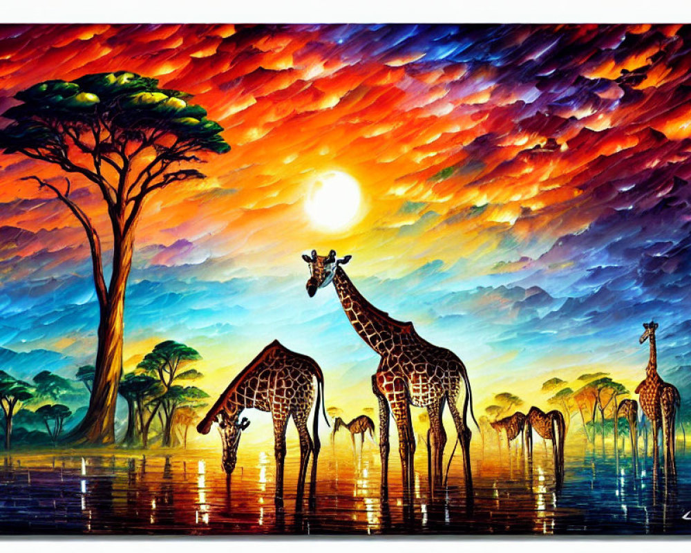 Vibrant sunset painting featuring giraffes by water with colorful sky.