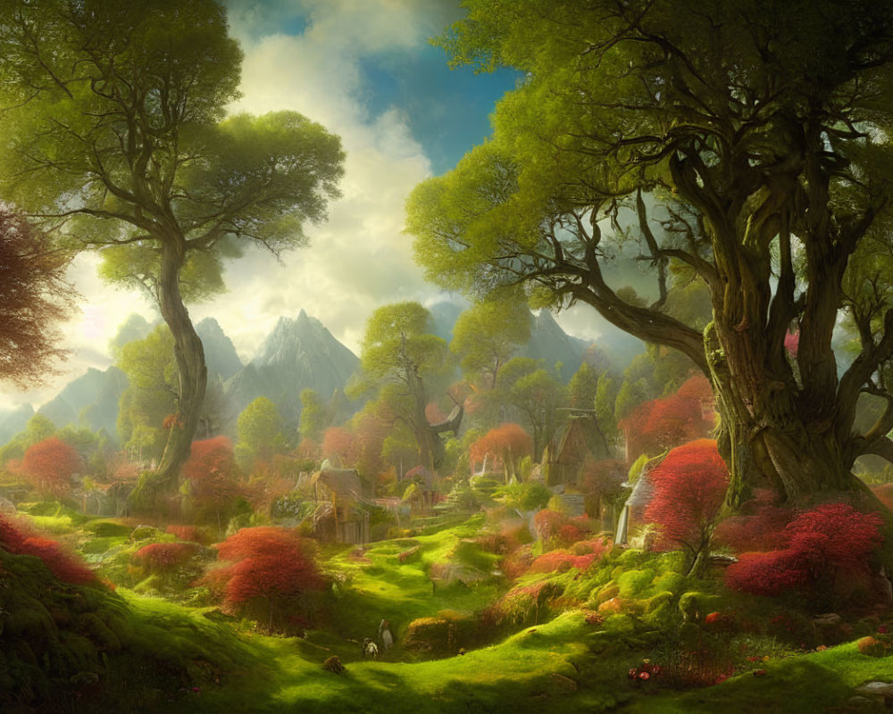 Tranquil fantasy landscape with towering trees, green hills, red flora, village, misty mountains