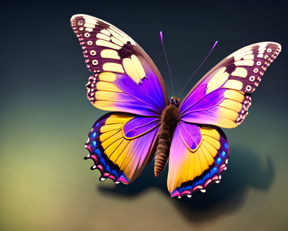 Colorful Butterfly with Purple and Yellow Wings in Mid-Flight