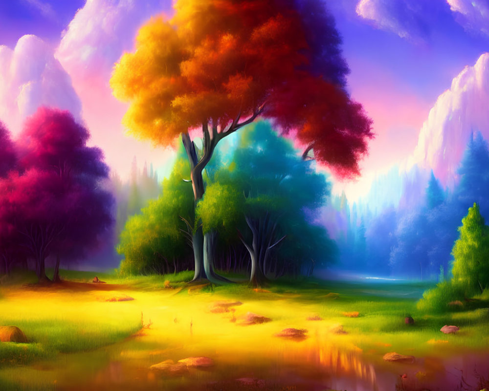 Colorful landscape with trees, meadow, and misty mountains