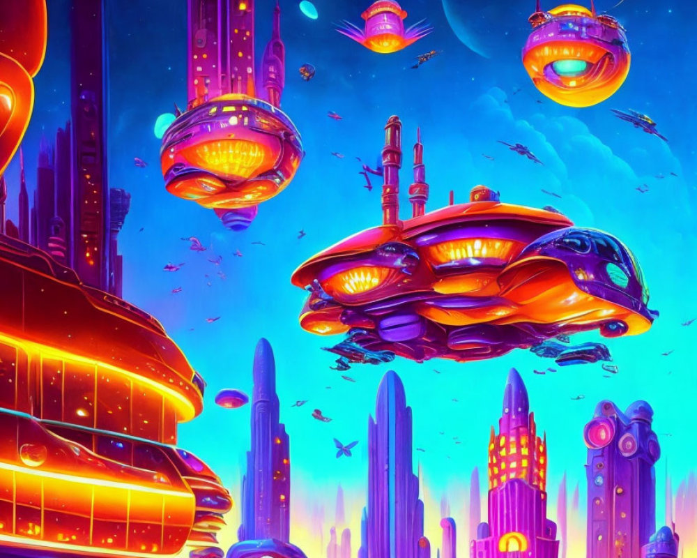 Futuristic cityscape with neon colors, flying cars, and skyscrapers