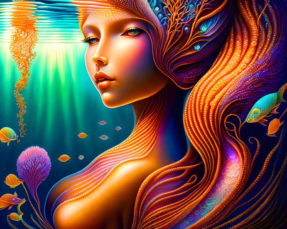 Colorful digital artwork: Woman with flowing hair and marine life in underwater scene