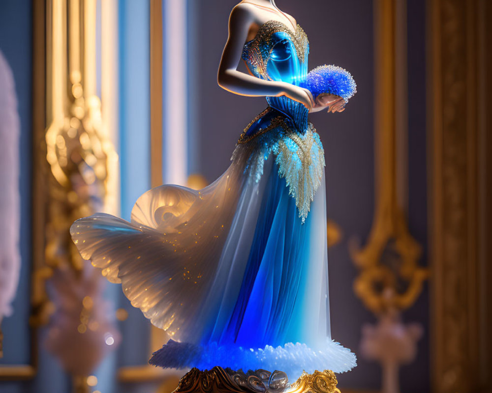 Porcelain figurine of woman in blue dress with gold accents on regal backdrop