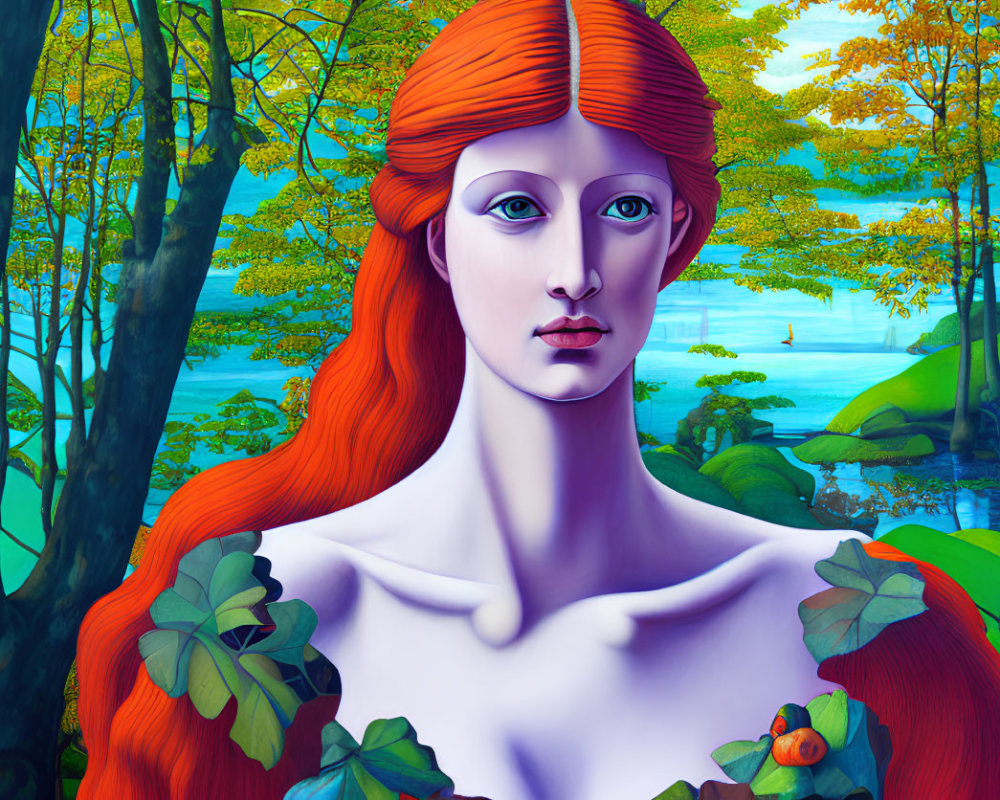 Digital painting: Woman with red hair in forest by blue lake