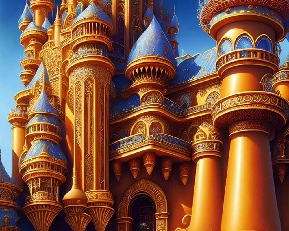 Fantastical palace at night with glowing golden light and blue domes