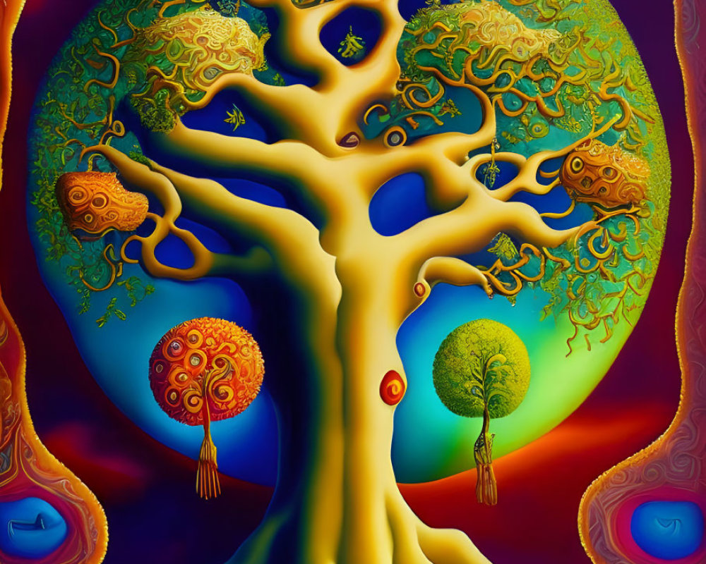 Colorful surreal painting of intricate tree against abstract backdrop