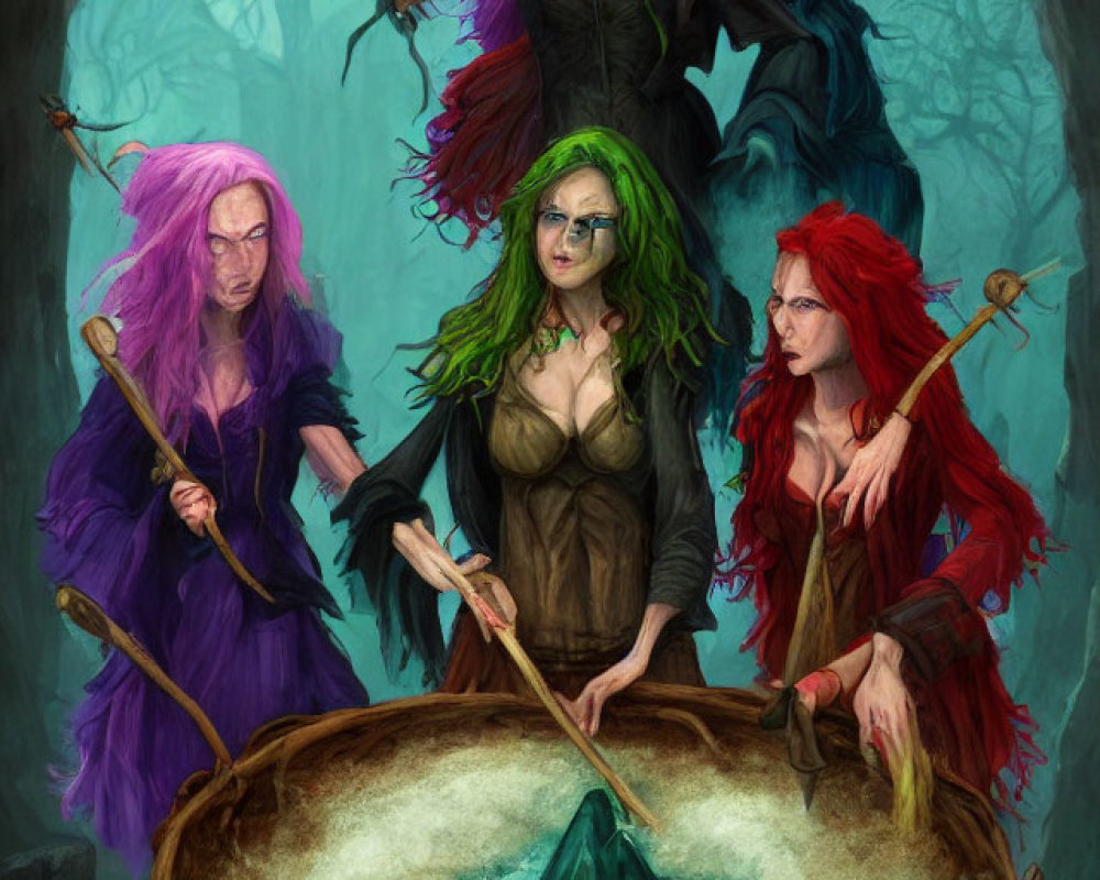 Four witches with different hair colors brewing potion in cauldron in spooky forest