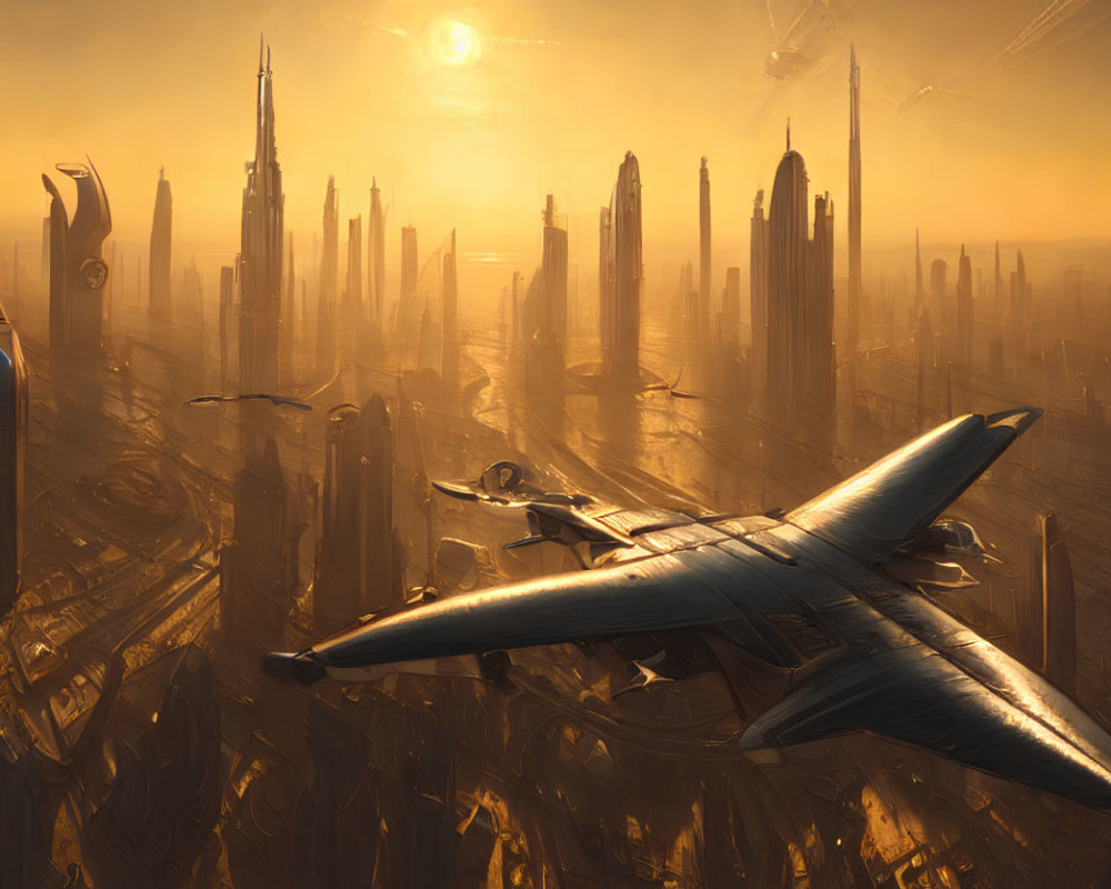 Futuristic sunset cityscape with skyscrapers and aircraft