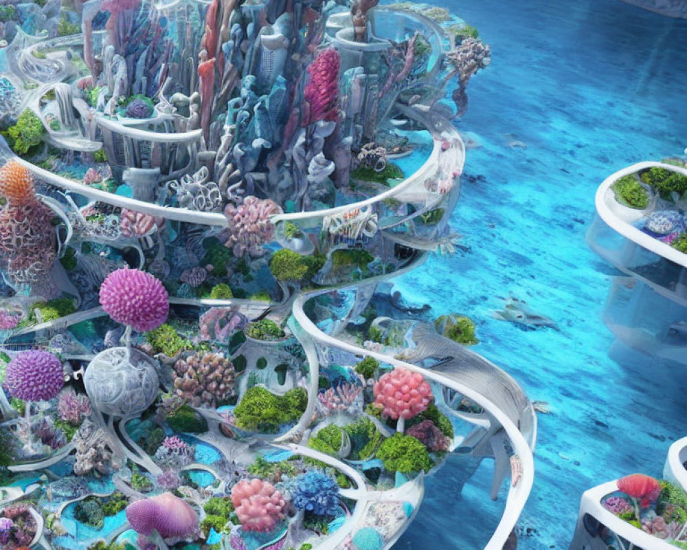 Fantastical Underwater City with Coral Structures and Diverse Marine Flora