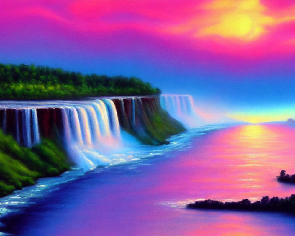 Scenic painting: waterfall, greenery, sunset sky, river.