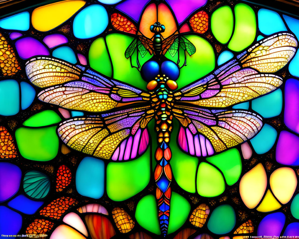 Colorful Dragonfly Stained-Glass Artwork with Multicolored Background