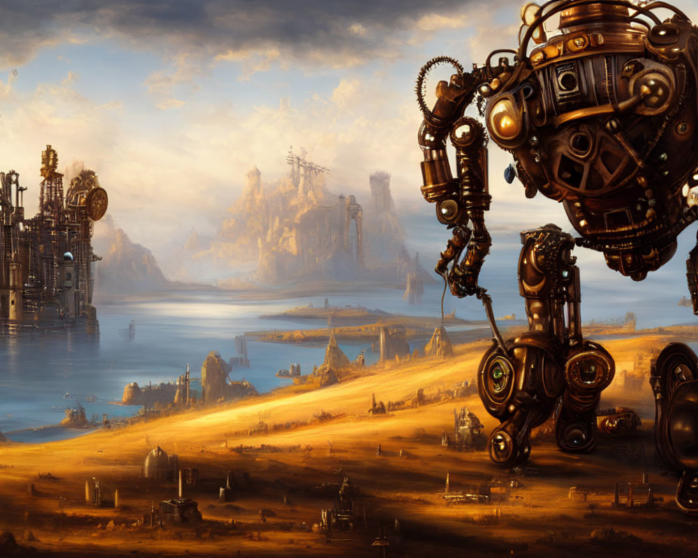 Futuristic cities and giant robot in vast desert landscape