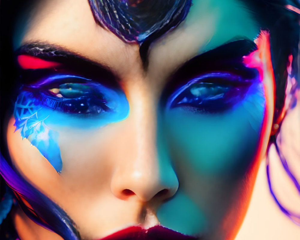 Person with vibrant blue makeup and peacock feather design under colorful lighting