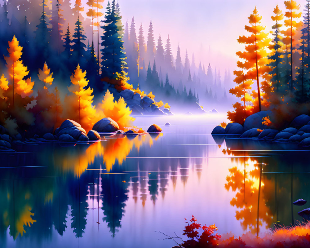 Autumn trees reflected in serene lake under hazy morning sky