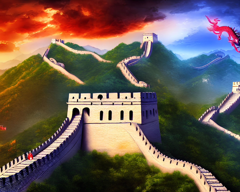 Great Wall of China with dragon in lush landscape under sunset sky