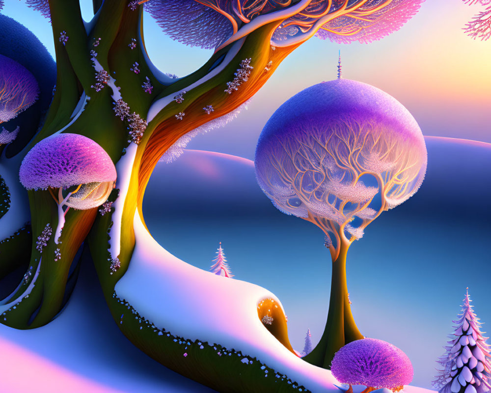 Surreal winter landscape with coral-like trees and orb-like structures