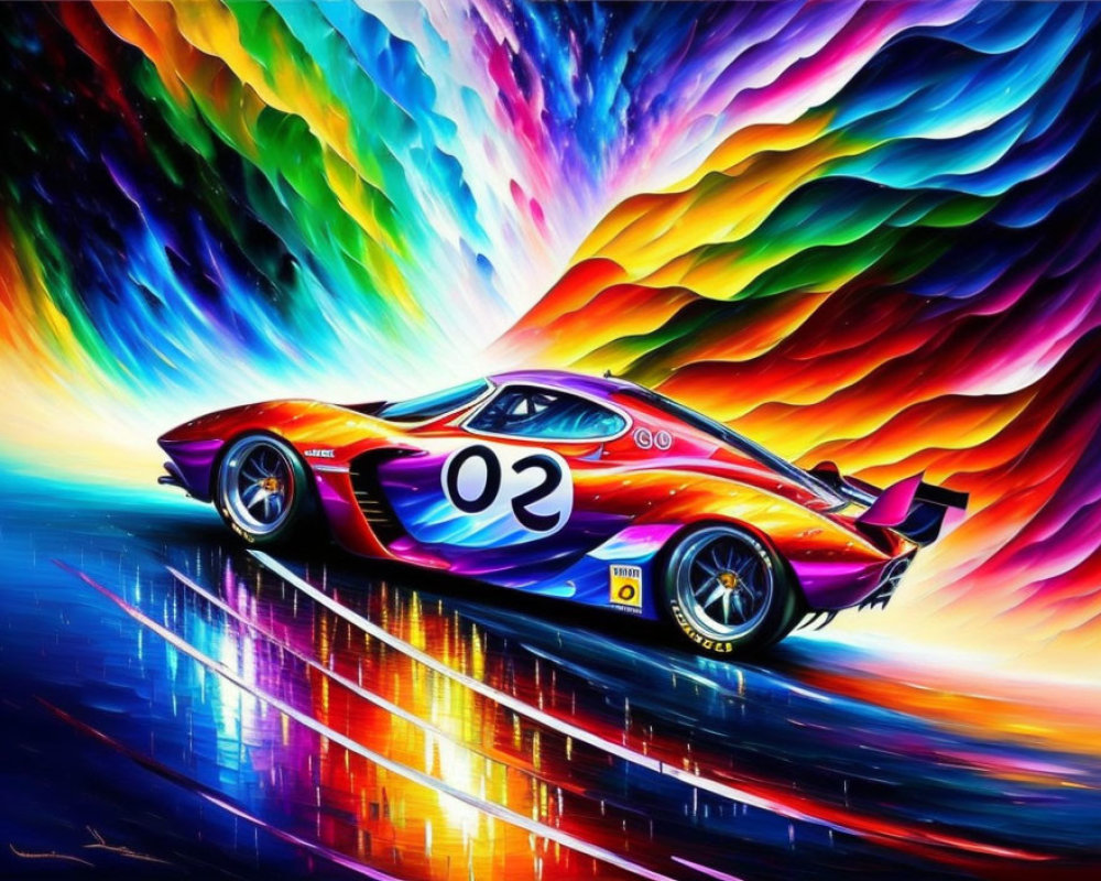 Colorful painting of purple race car #02 on reflective surface with psychedelic wave background.