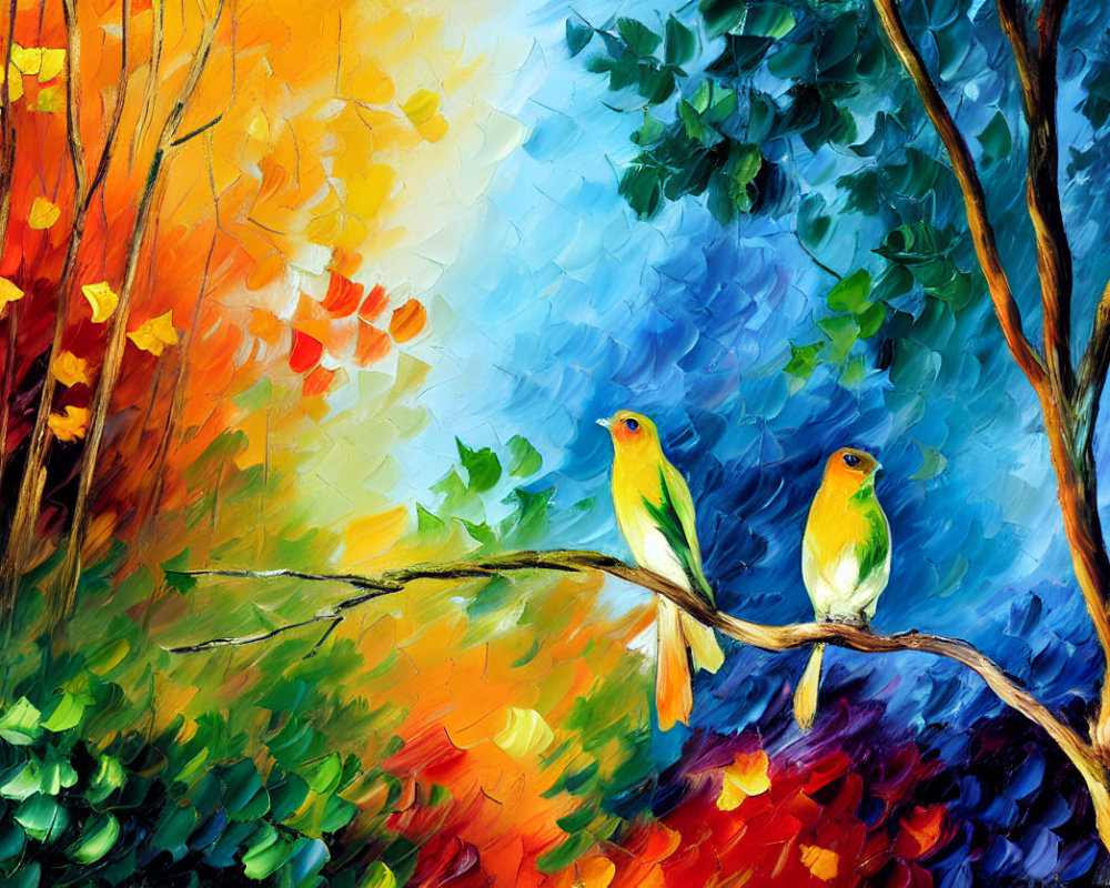 Colorful Birds on Branch with Vibrant Autumn Background