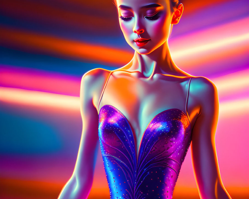 Vibrant digital art portrait of a poised woman in a striking blue dress