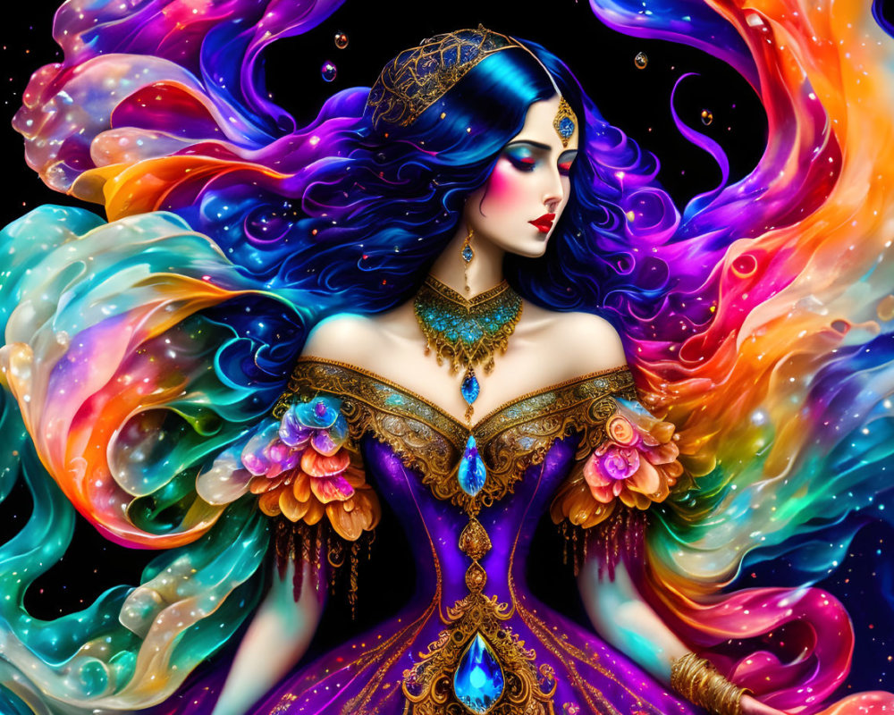 Colorful illustration of a mystical woman with flowing multicolored hair and ornate golden jewelry.