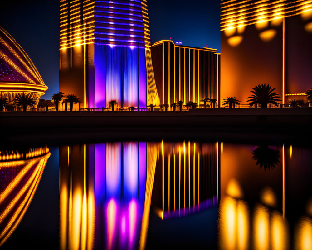 Twilight scene: Vibrant neon lights on buildings, reflected in calm water, with silhouet