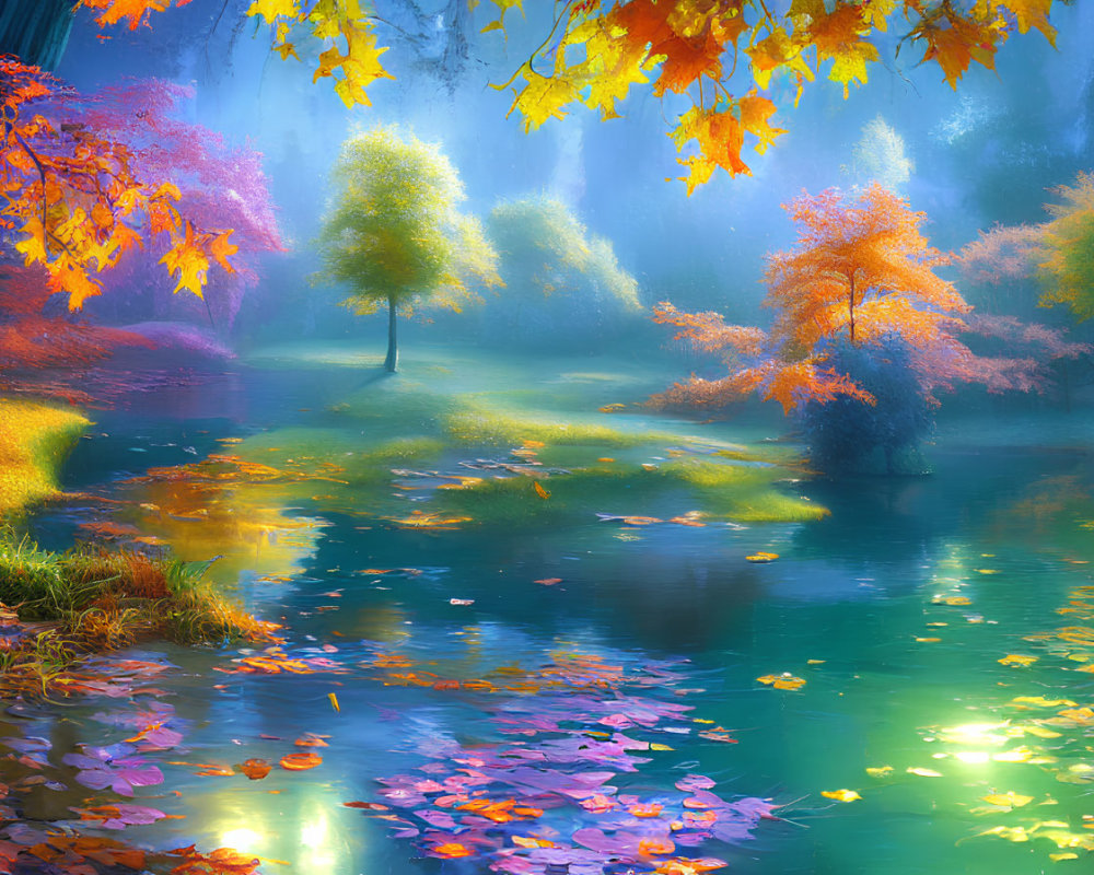 Colorful Autumn Landscape with Reflective Water and Scattered Leaves