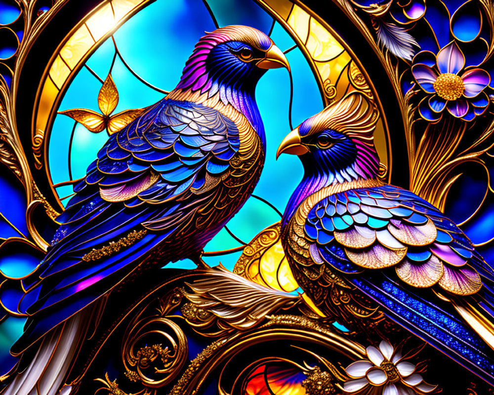 Colorful digital artwork featuring stylized birds with blue and purple feathers on a golden ornate background.