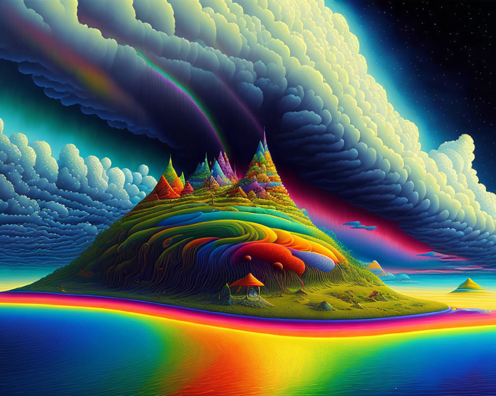 Colorful Psychedelic Landscape with Rainbow River & Rolling Hills